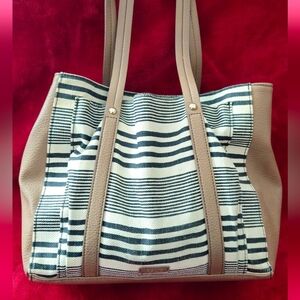 Relic by Fossil Tan Faux Leather with Black & Cream Canvas Panels Tote Bag